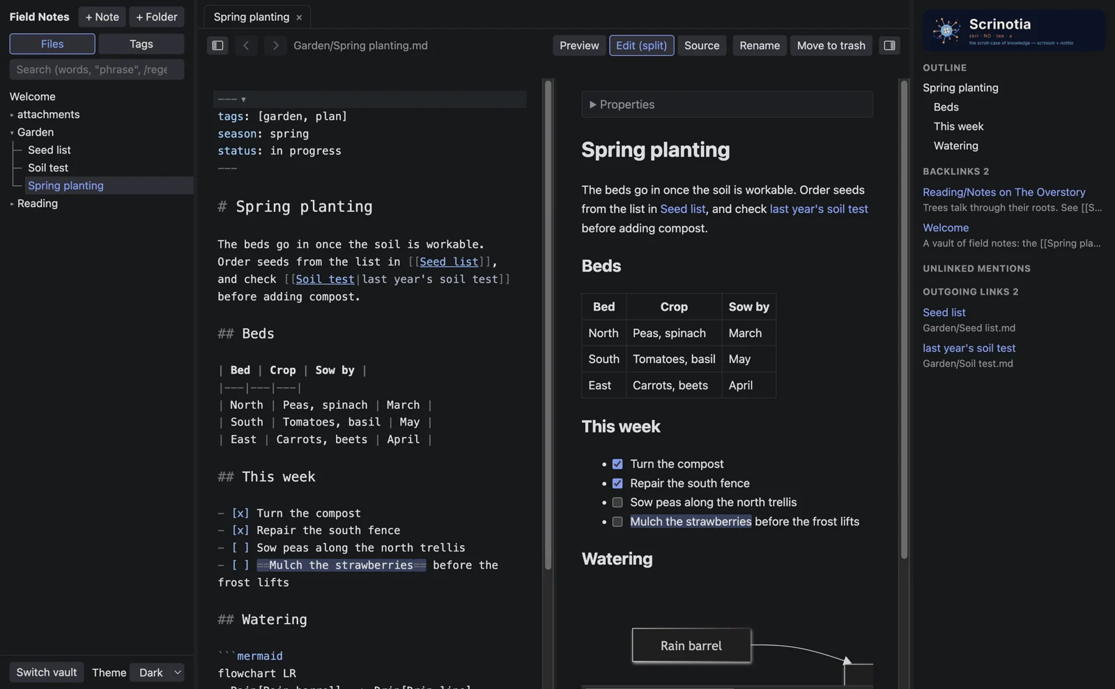 Scrinotia's split view: a note's Markdown source on the left, its rendered preview with a table and task list on the right, the file tree and the note's outline and links at the sides.